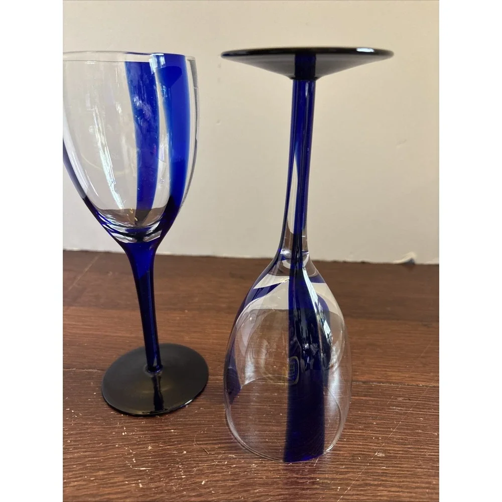 Pier 1 Cobalt Blue Striped Wine Glasses Set of 2 Hand Blown 8.25